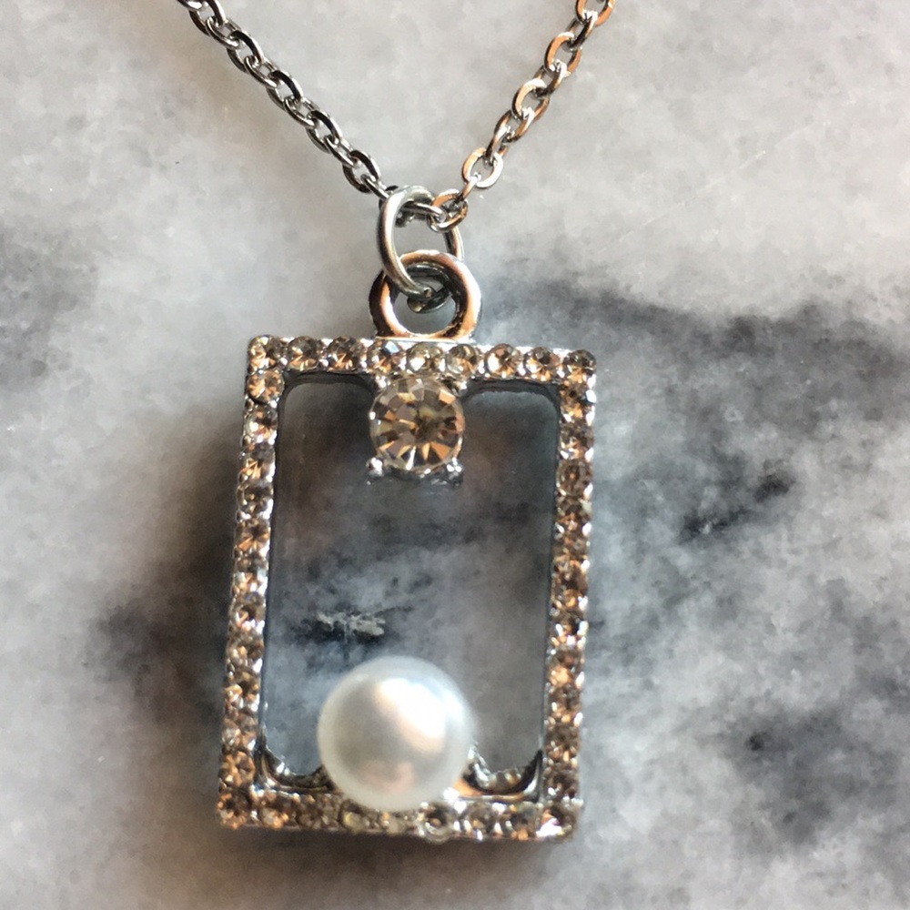 Pearl & CZ Rectangular Necklace - Picture 7 of 16
